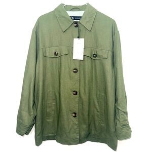 ZARA Linen Blend Lined Oversized Jacket - Olive Green S